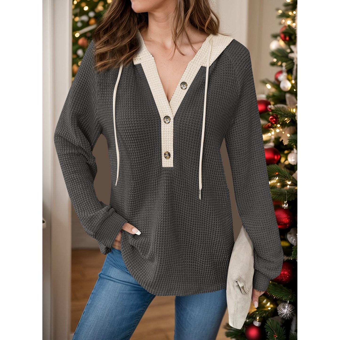 Full Size Waffle-Knit Contrast Long Sleeve Hoodie