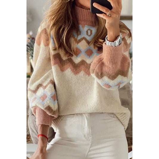 Geometric Mock Neck Long Sleeve Sweater