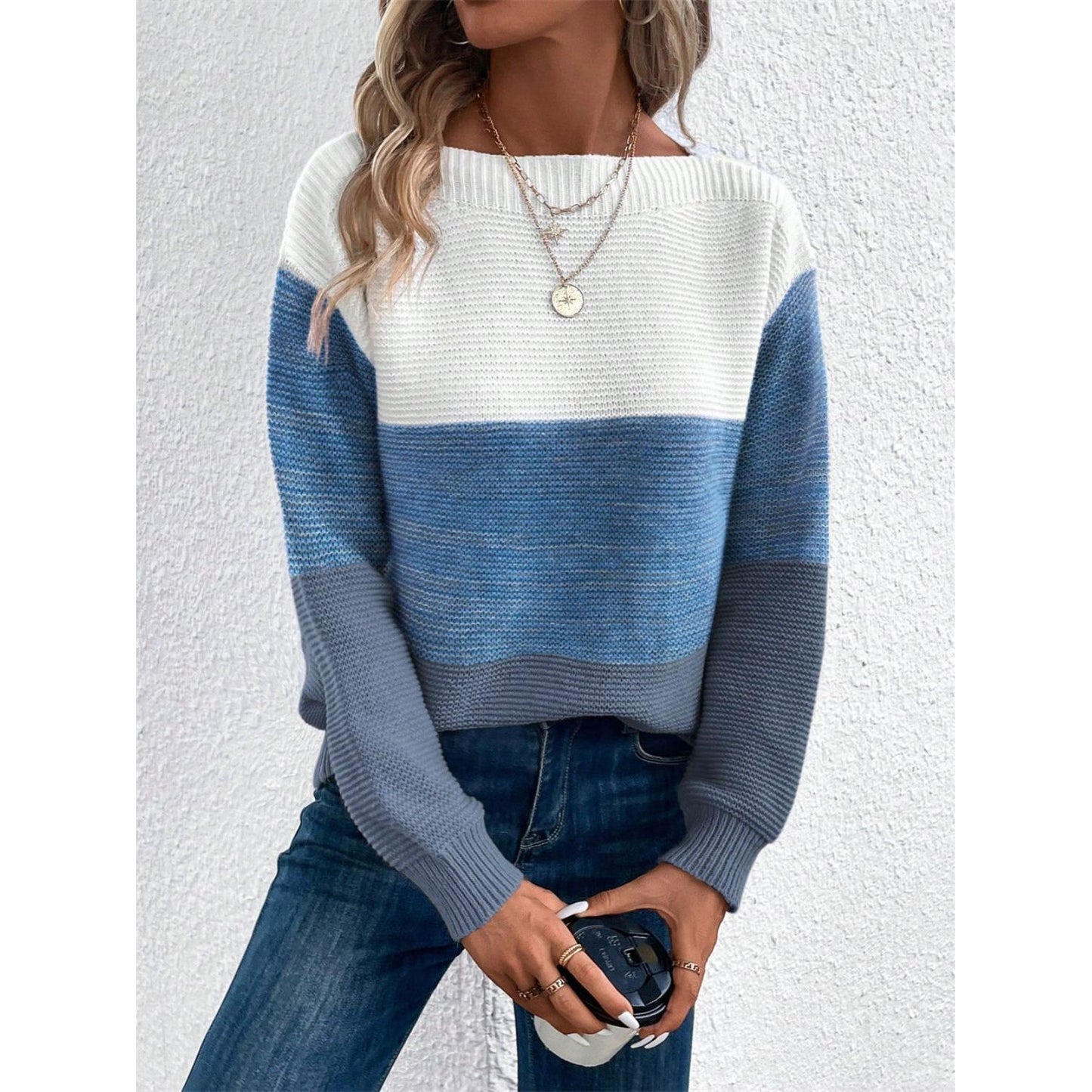 Color Block Drop Shoulder Long Sleeve Sweater