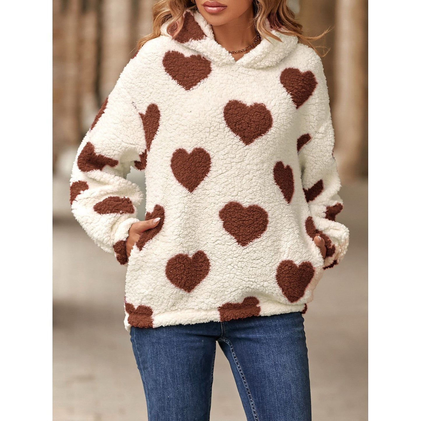 Fuzzy Heart Pocketed Dropped Shoulder Hoodie