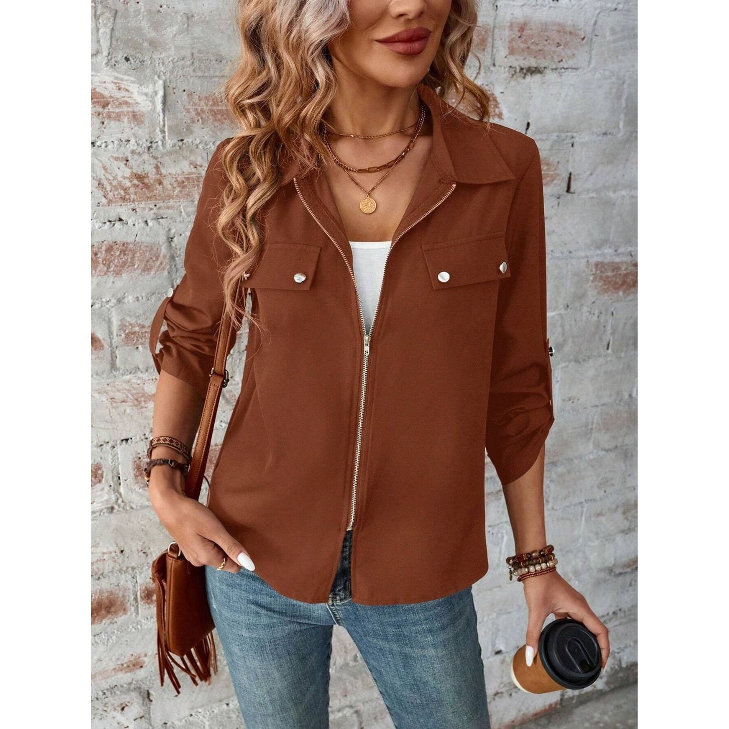 Zip Up Collared Neck Roll-Tab Sleeve Jacket