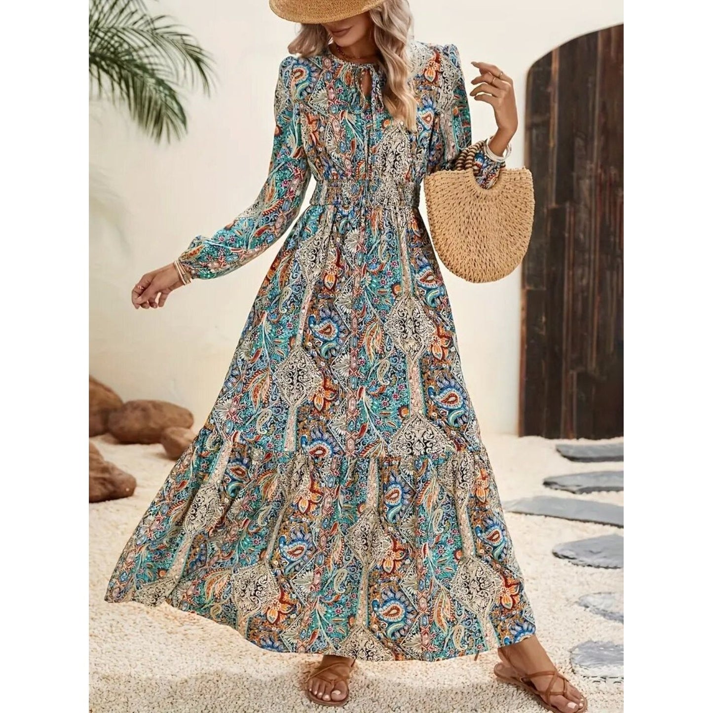 Printed Tie Neck Long Sleeve Maxi Dress