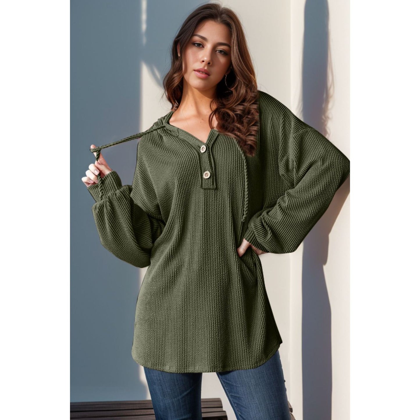 Double Take Full Size Half Button Long Sleeve Hoodie