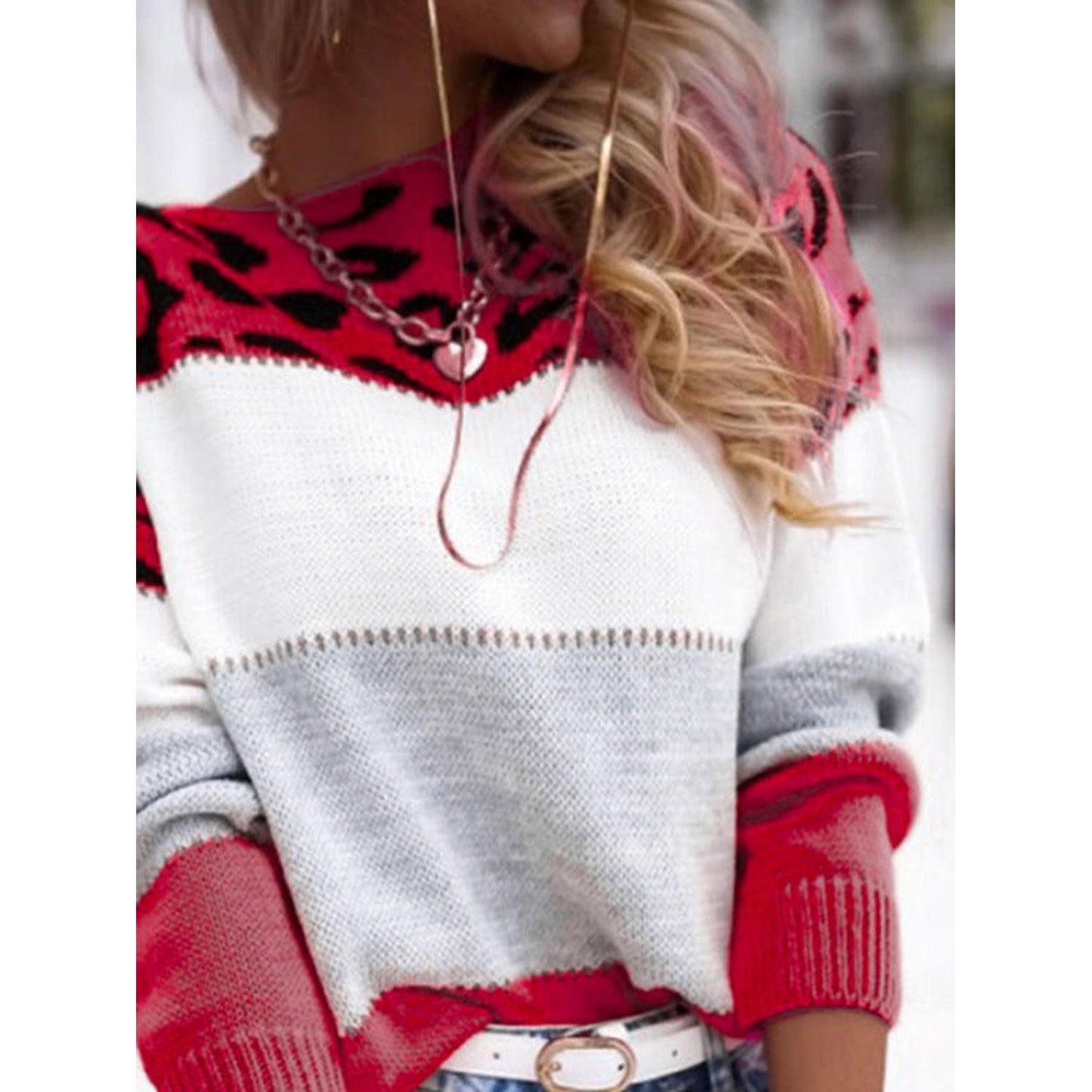 Leopard Color Block Round Neck Long Sleeve Sweater