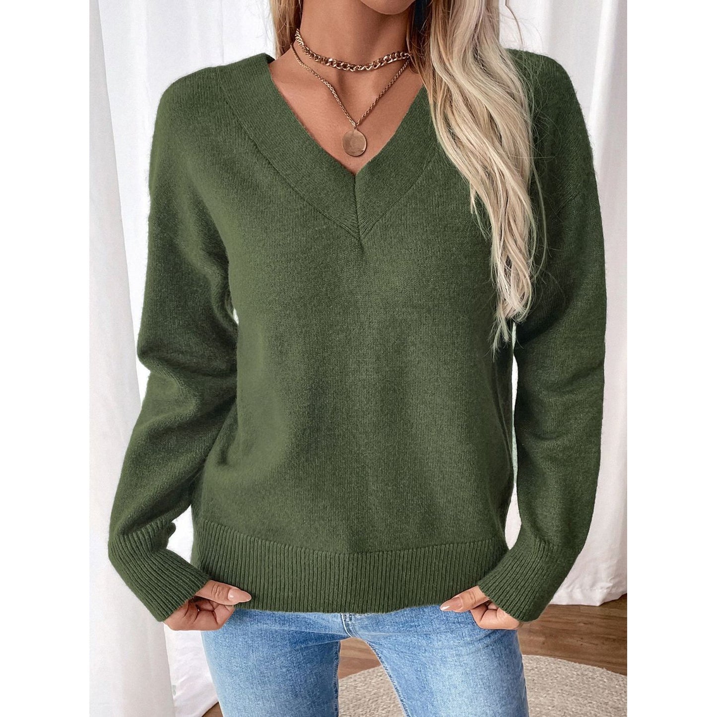 Perfee Twisted V-Neck Long Sleeve Sweatshirt
