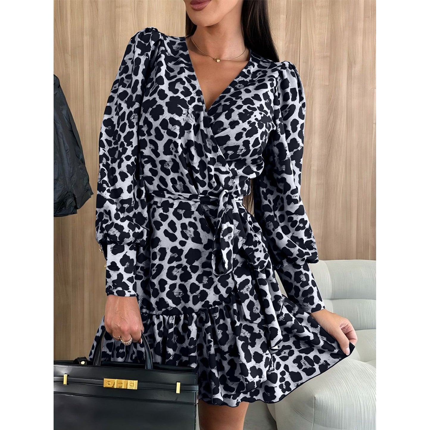 Tied Leopard Surplice Long Sleeve Dress