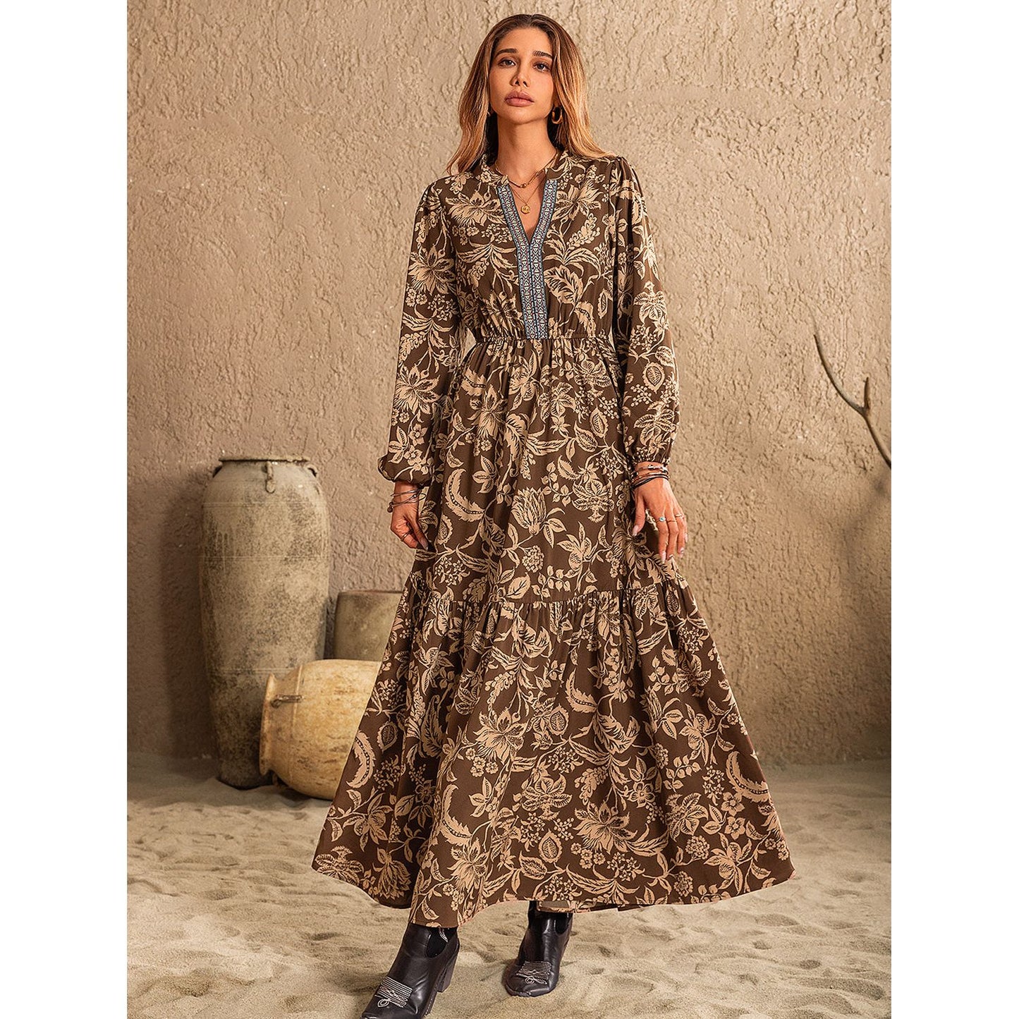Ruched Printed Notched Long Sleeve Maxi Dress