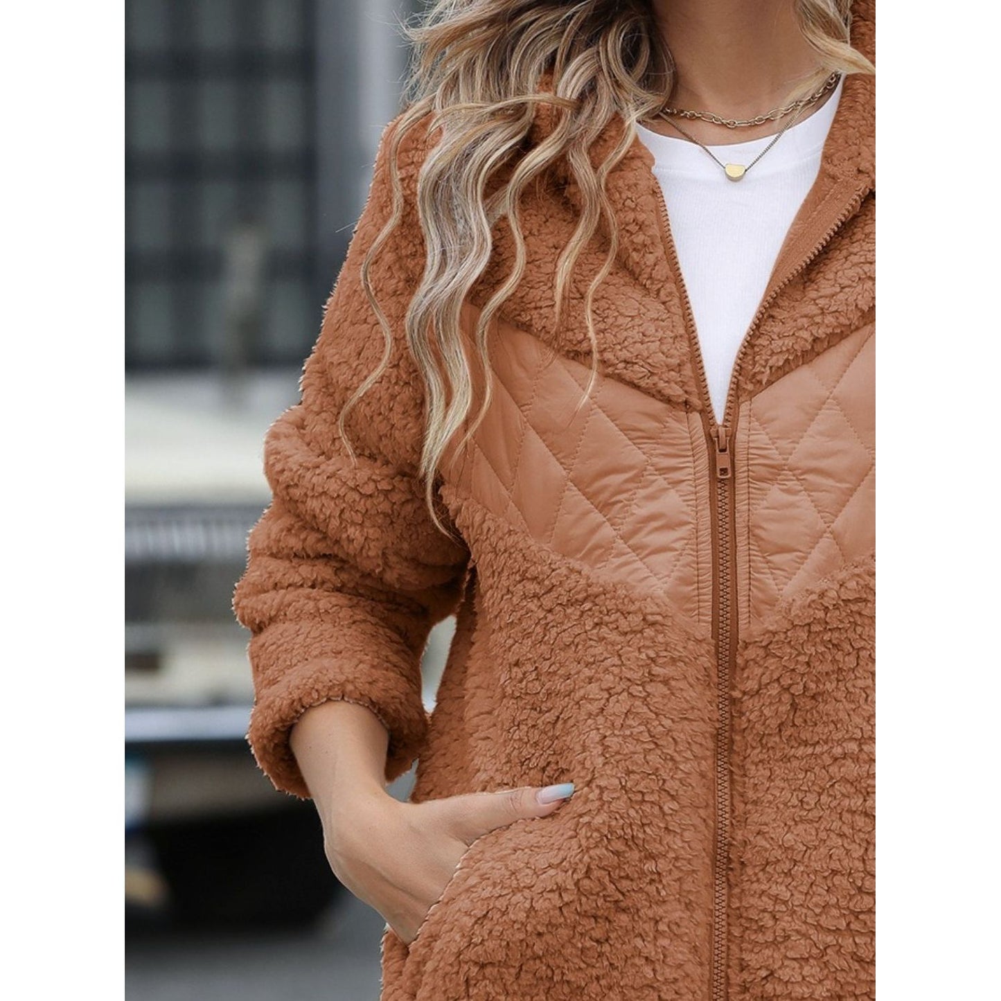 Fuzzy Zip Up Long Sleeve Hooded Jacket