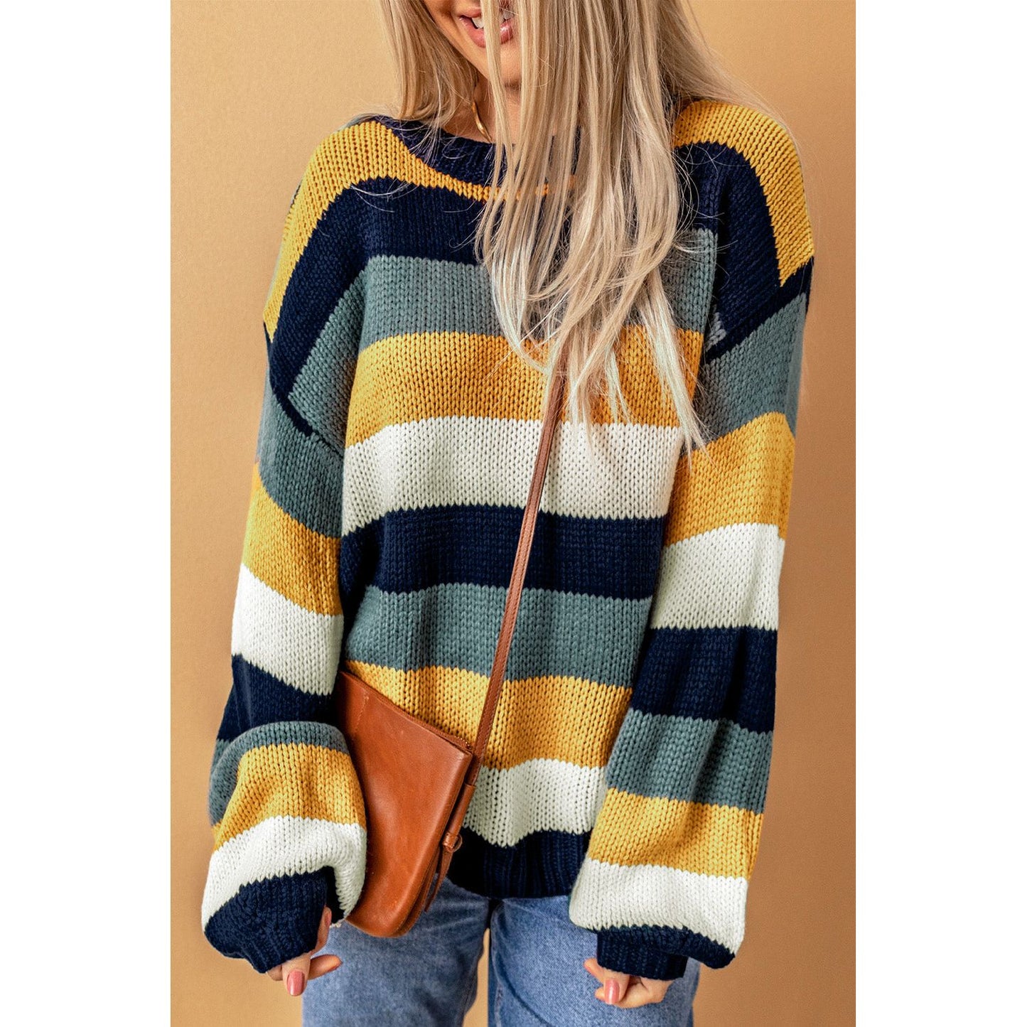 Color Block Round Neck Dropped Shoulder Sweater
