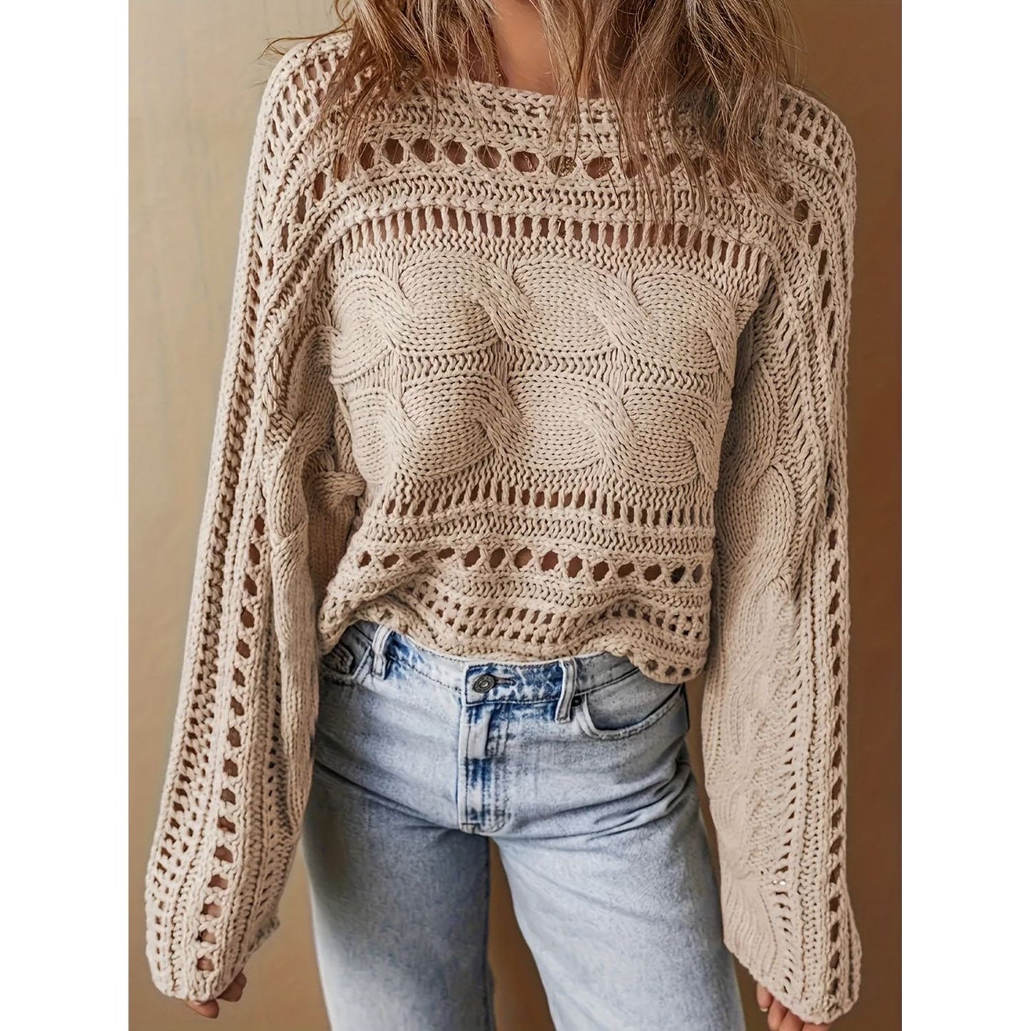 Hollow Out Cable-Knit Boat Neck Sweater