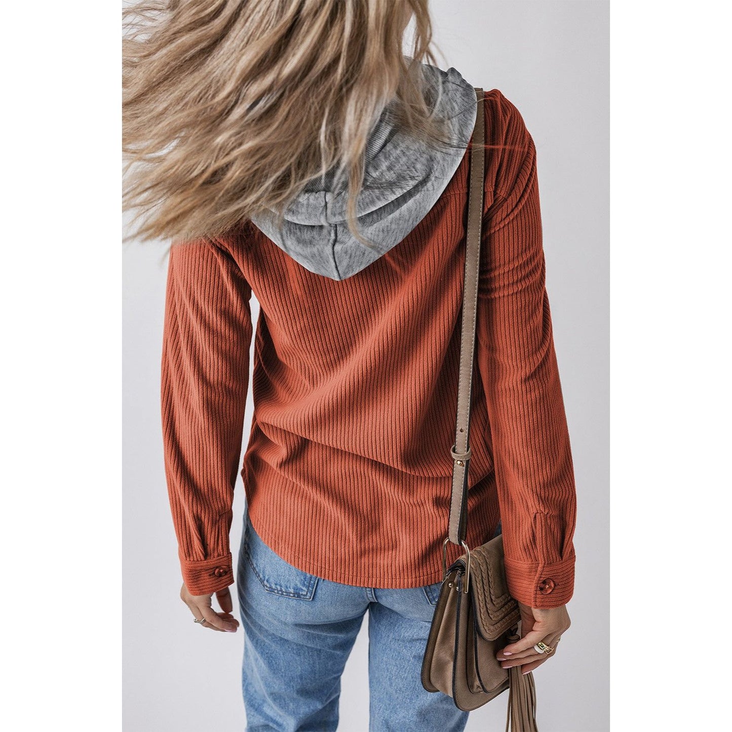 Drawstring Button Up Long Sleeve Hooded Jacket