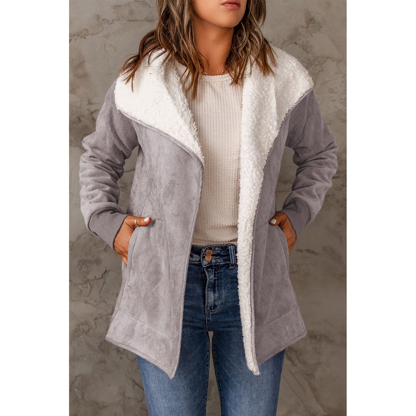 Open Front Long Sleeve Sherpa Jacket