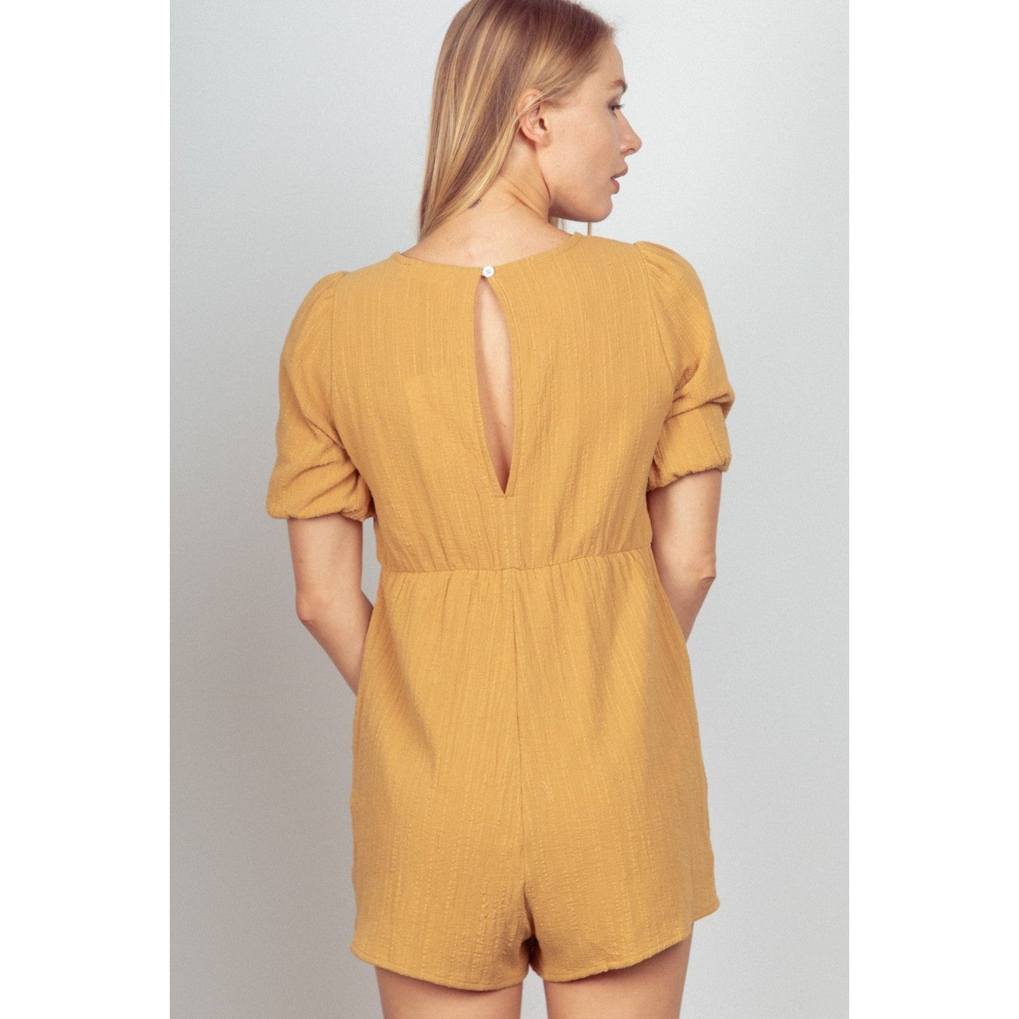 VERY J Lace Detail Puff Sleeve Romper with Pockets