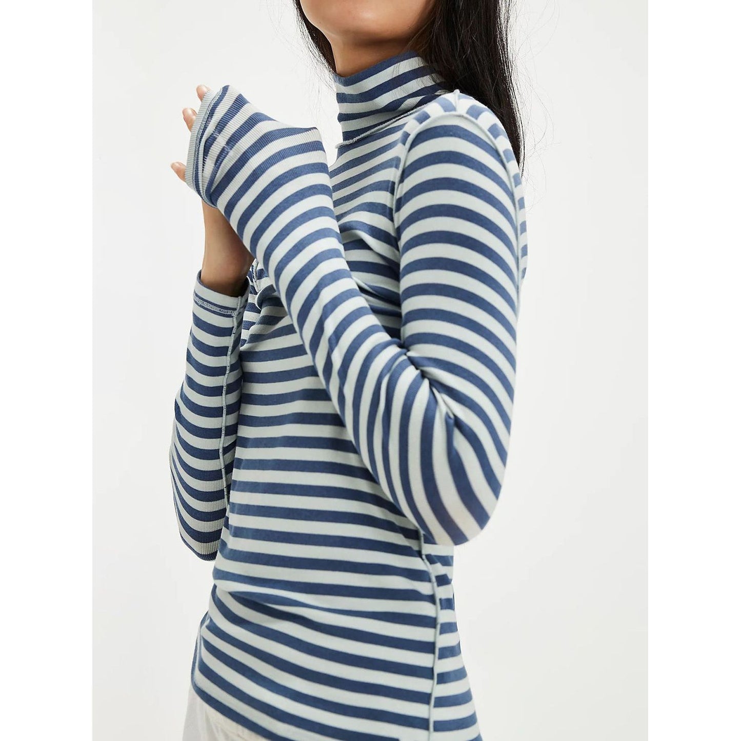 Exposed Seam Striped Turtleneck Long Sleeve T-Shirt