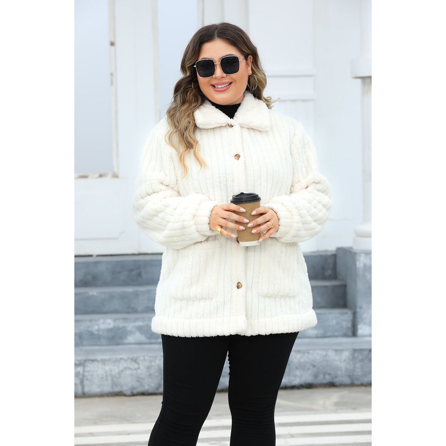 Plus Size Fuzzy Collared Neck Long Sleeve Jacket