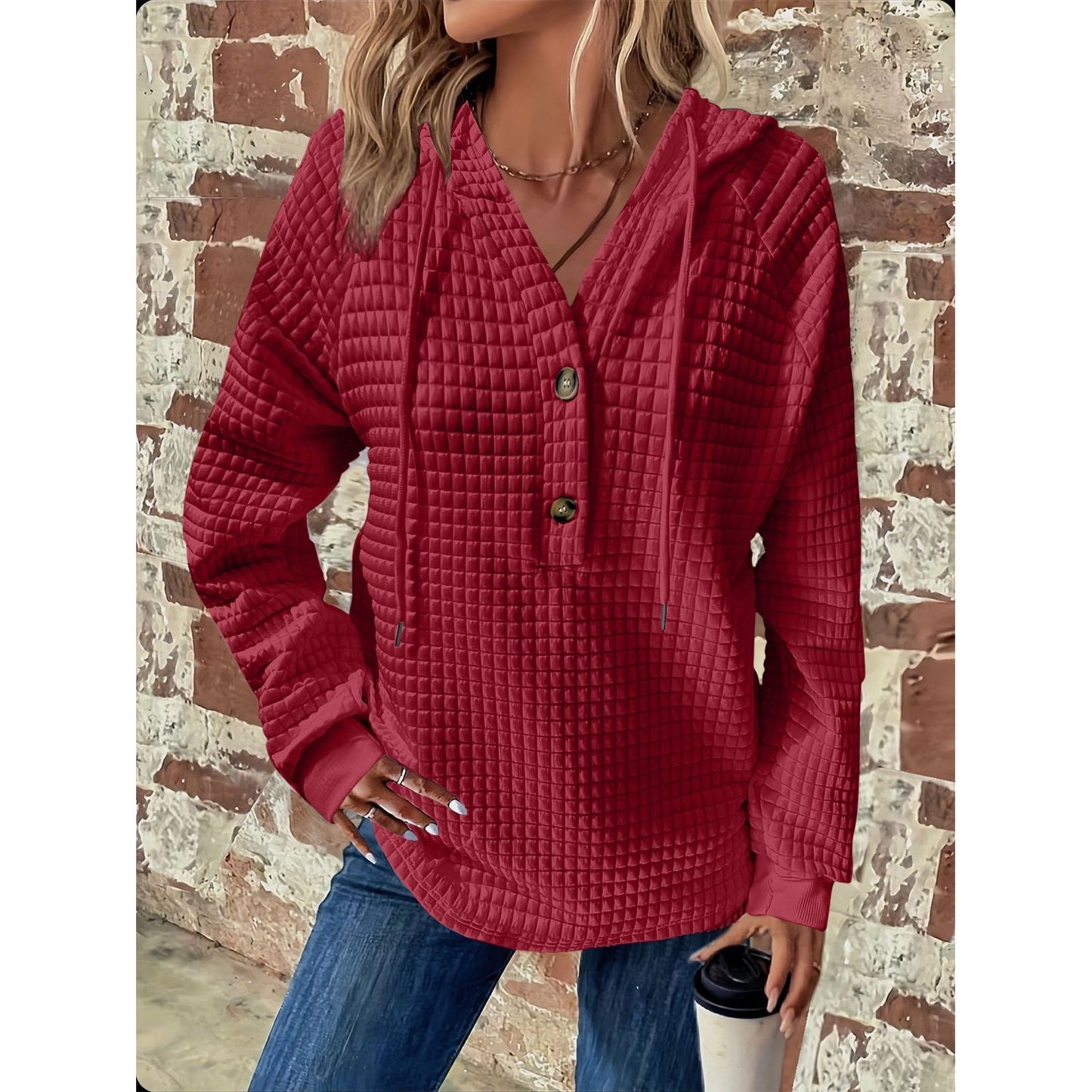 Full Size Texture Button Detail Drawstring Long Sleeve Hoodie