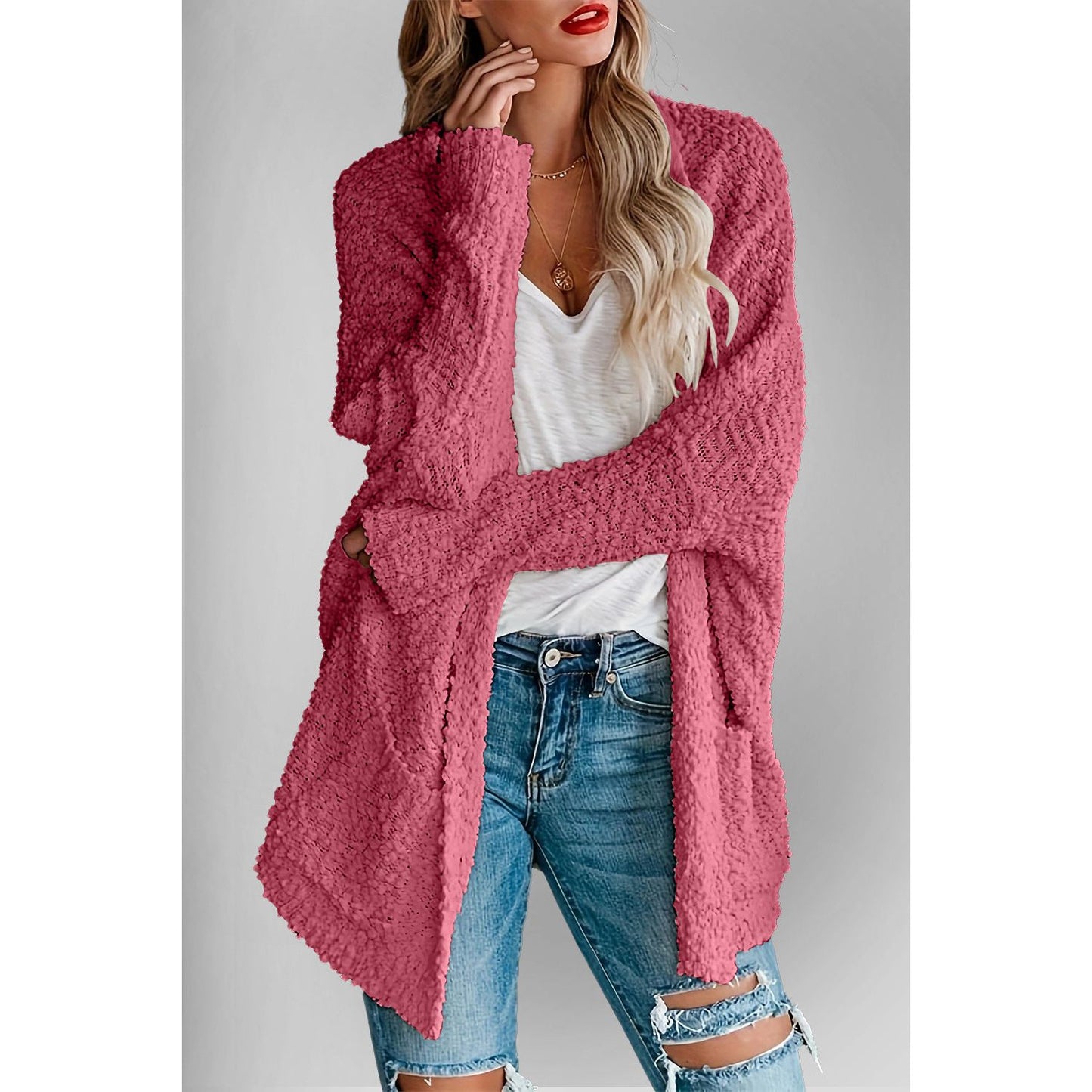 Double Take Pocketed Open Front Long Sleeve Cardigan