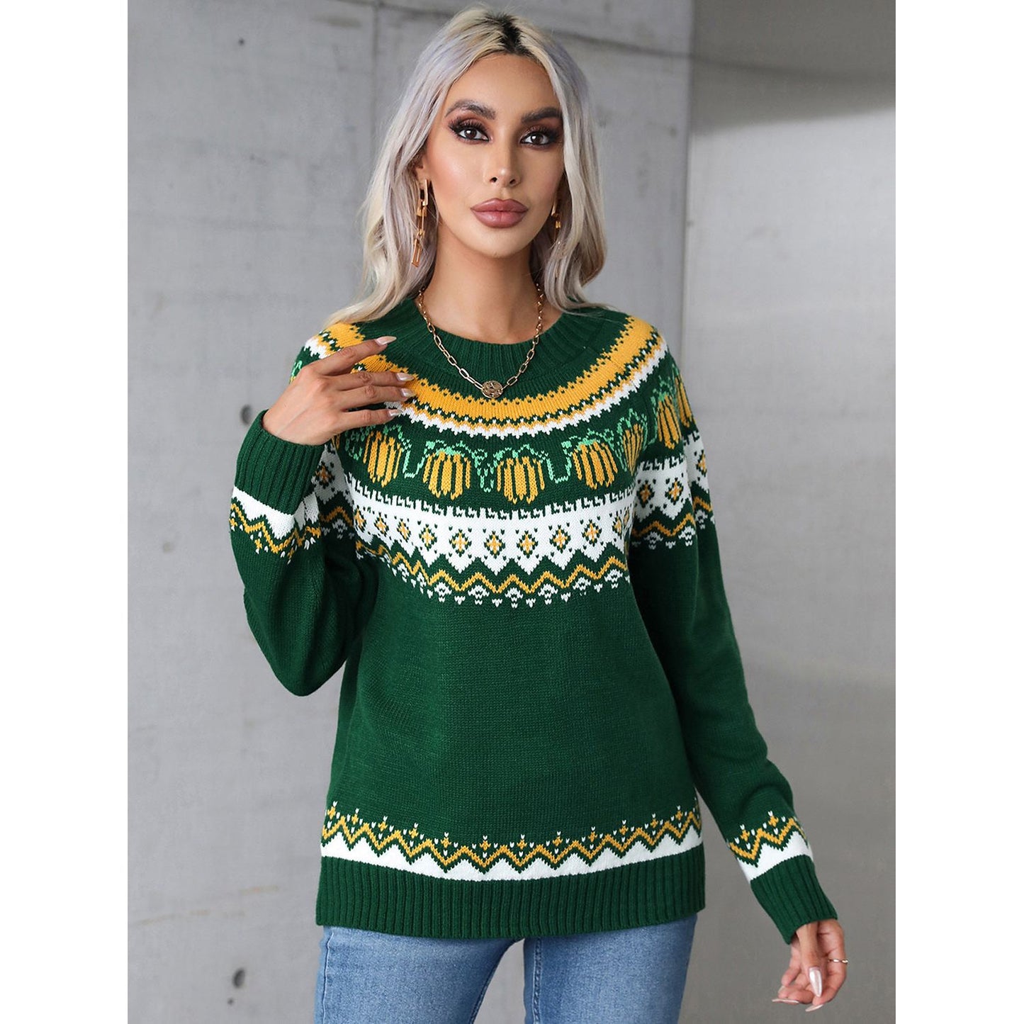 Angel Wings Geometric Round Neck Long Sleeve Sweater