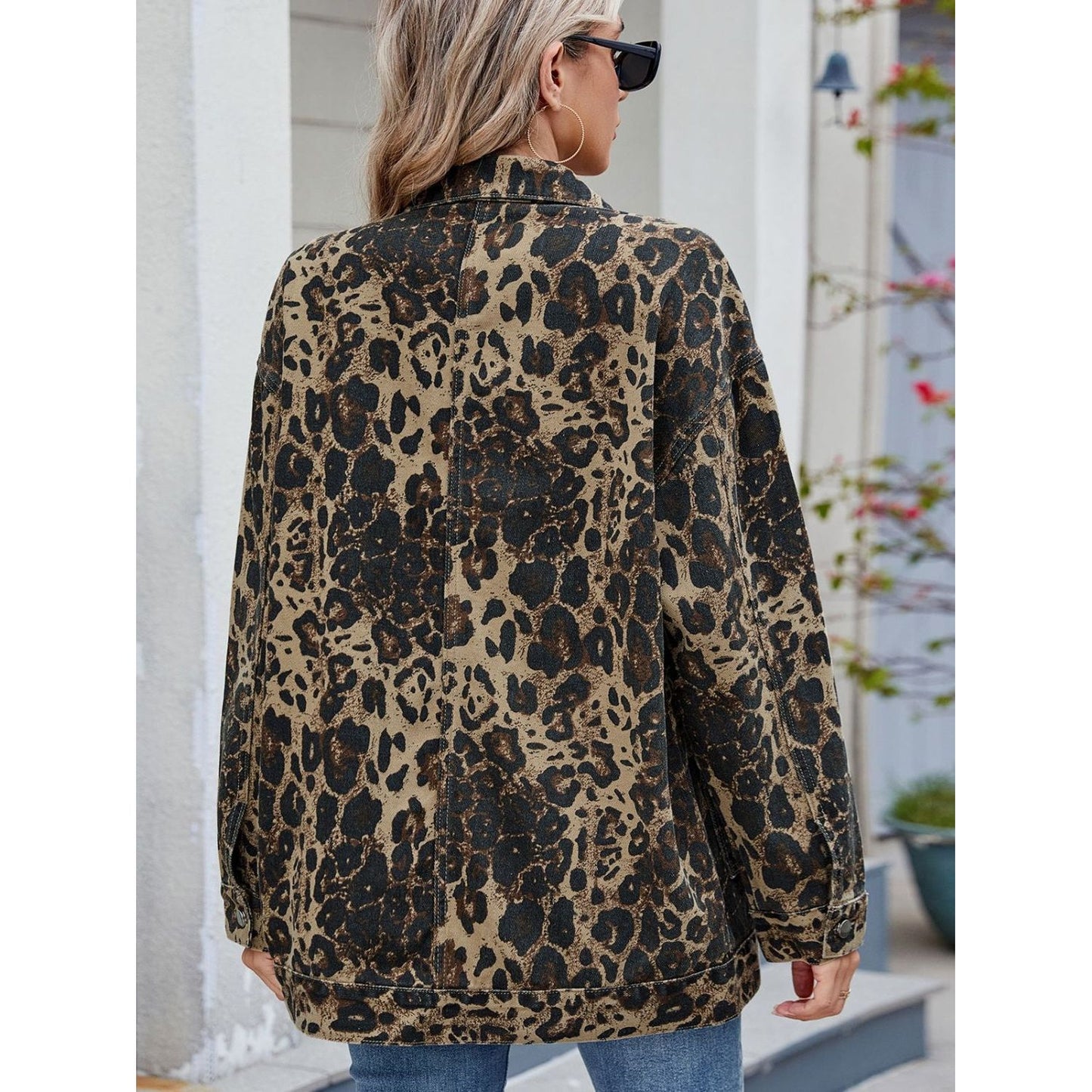 Leopard Button Up Drop Shoulder Denim Jacket