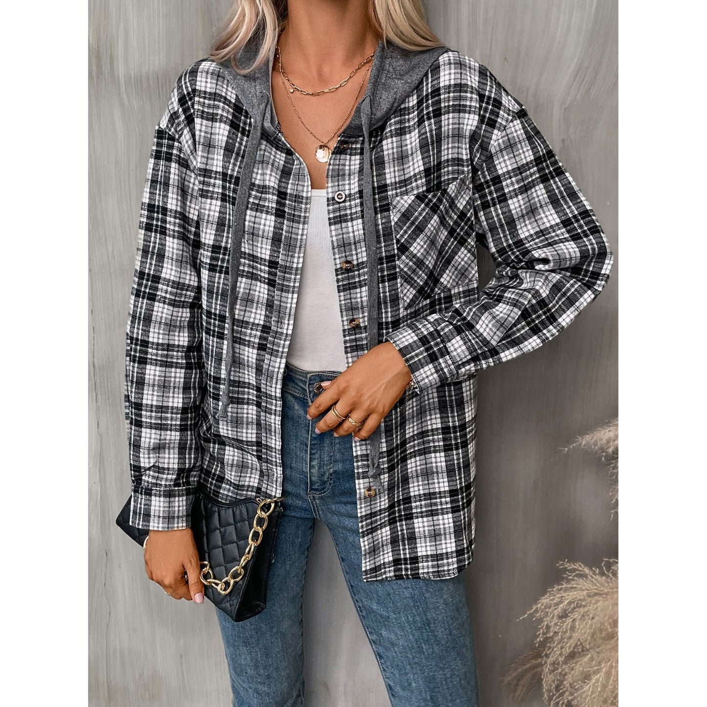 Plaid Long Sleeve Hooded Jacket