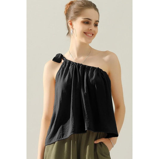 Ninexis One Shoulder Bow Tie Strap Satin Silk Top