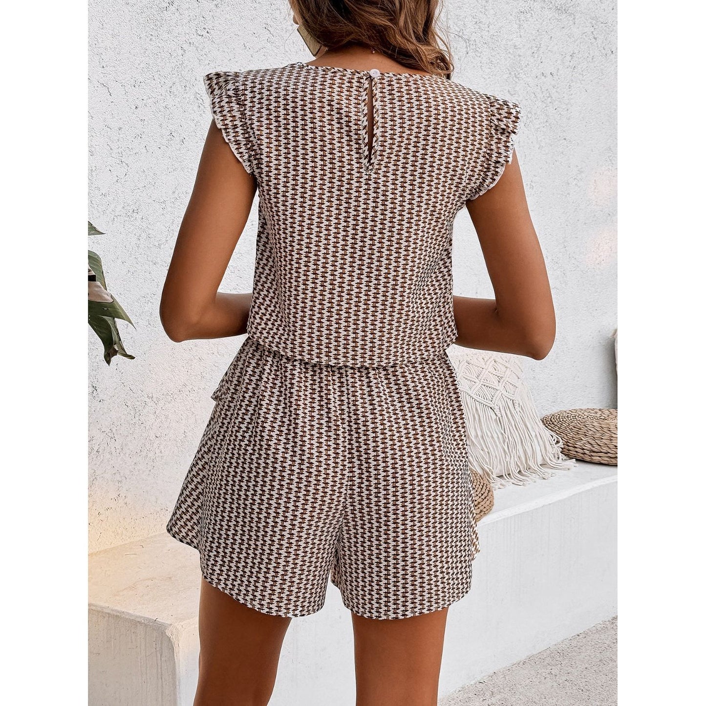 Printed Round Neck Top and Layered Shorts Set