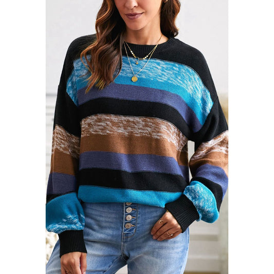 Contrast Striped Round Neck Drop Shoulder Sweater