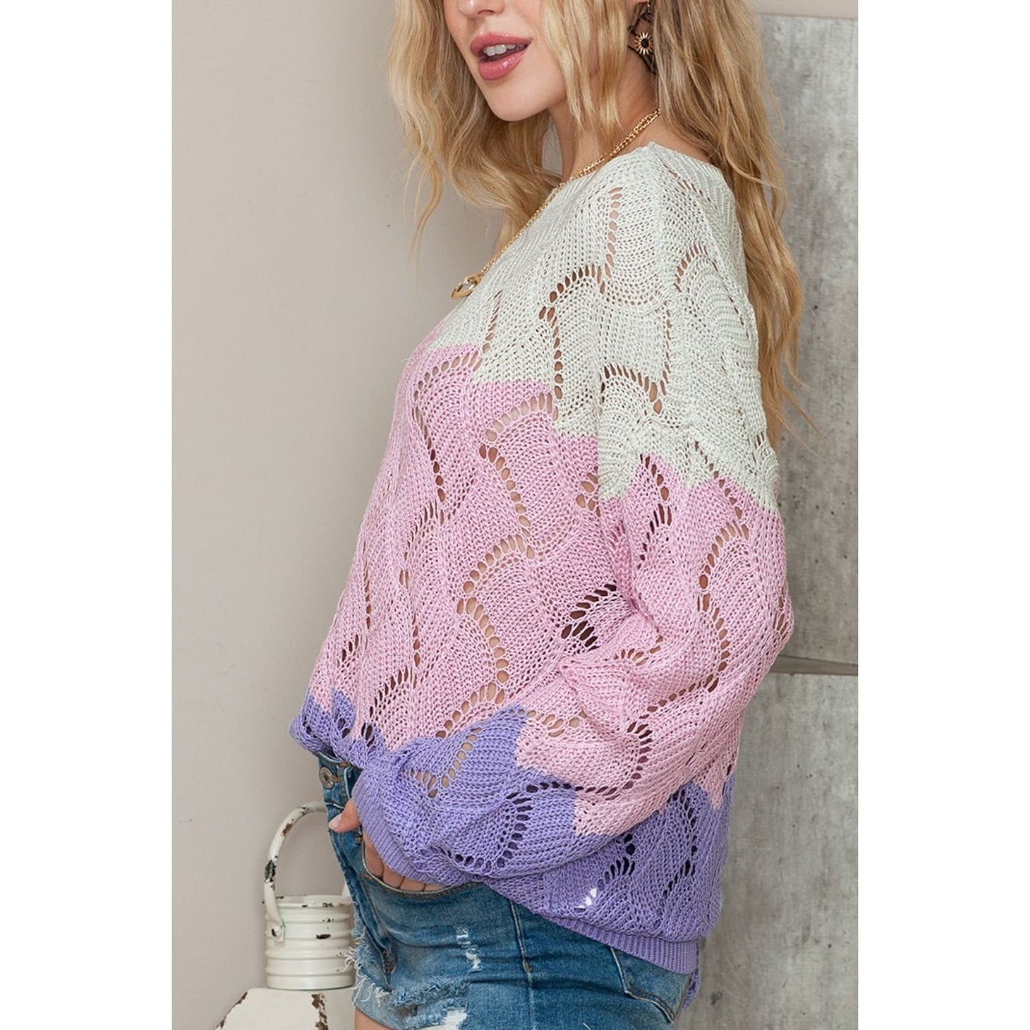 Color Block Hollow Boat Neck Sweater