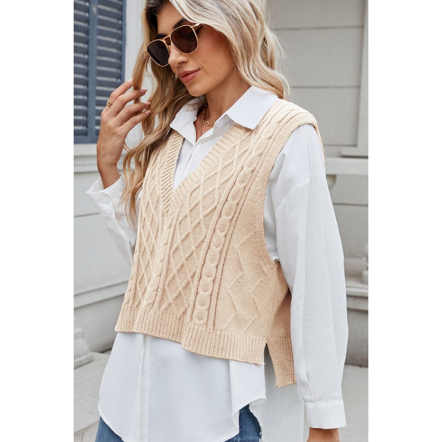 Cable-Knit V-Neck Sweater Vest