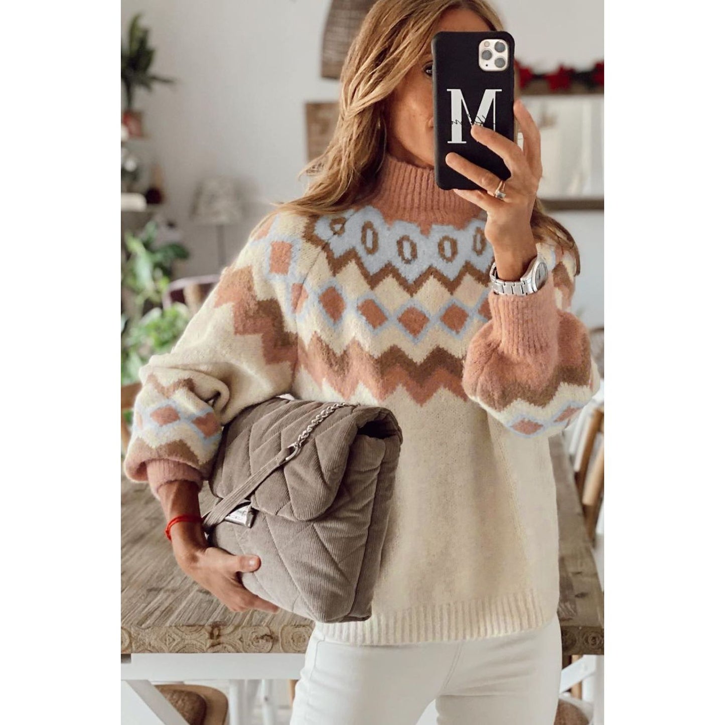 Geometric Mock Neck Long Sleeve Sweater