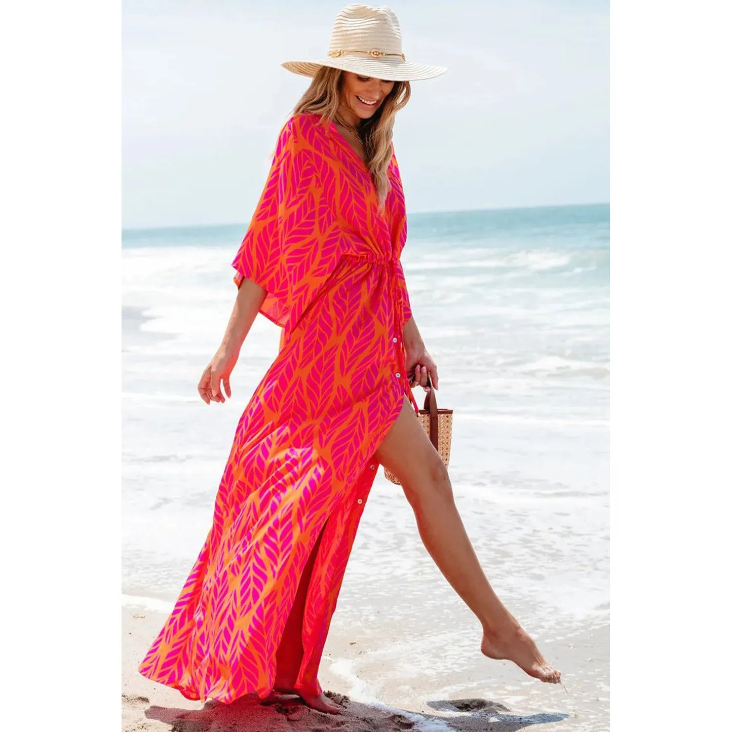 Drawstring Printed V-Neck Maxi Dress