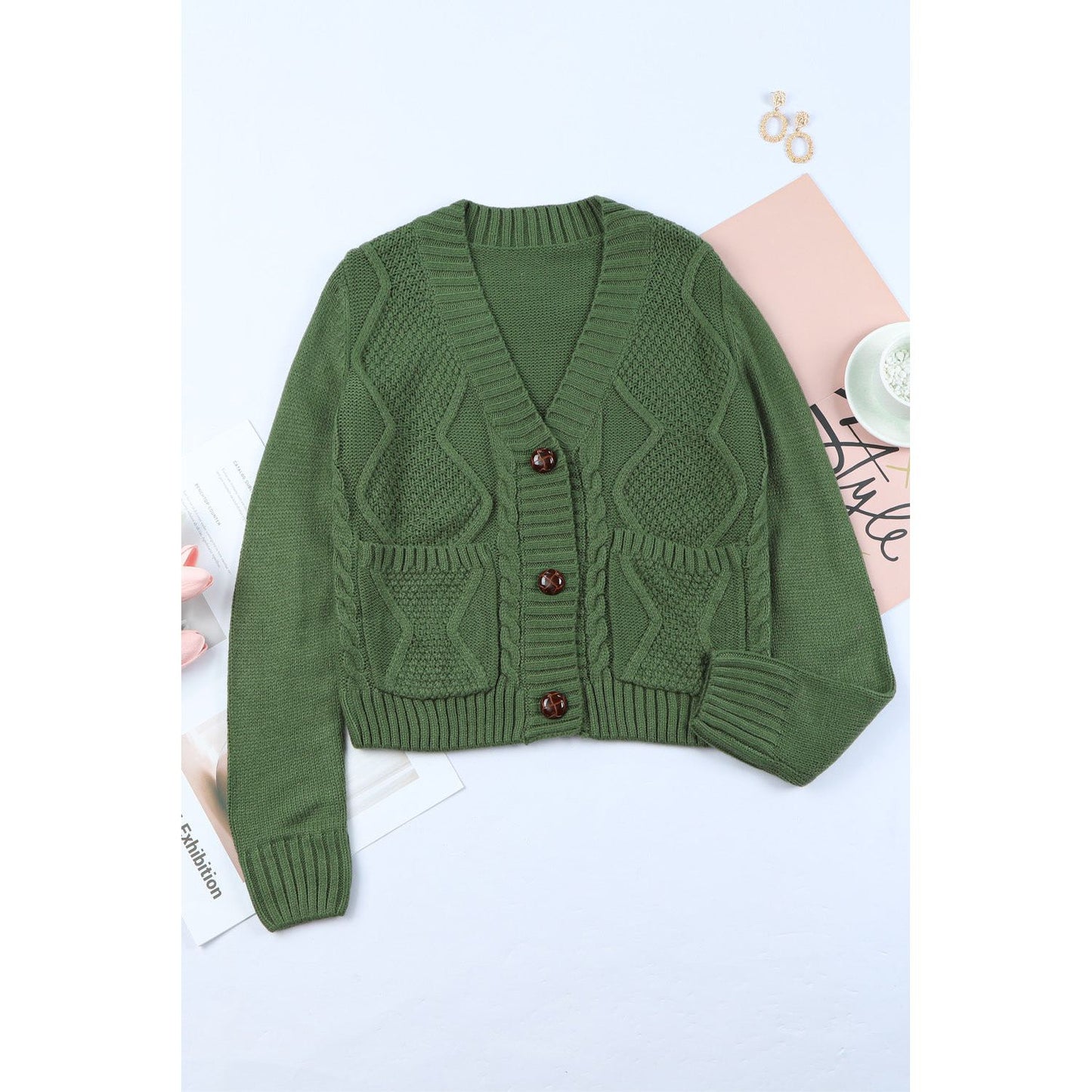 Cable-Knit Button Down V-Neck Cardigan