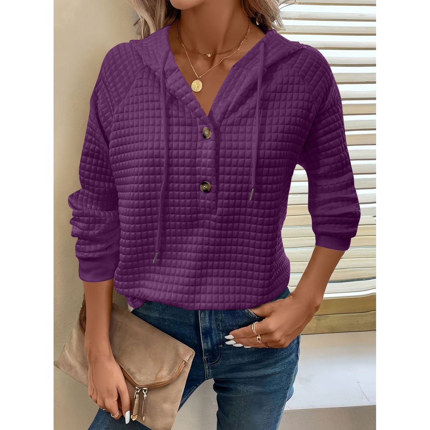 Full Size Texture Button Detail Drawstring Long Sleeve Hoodie