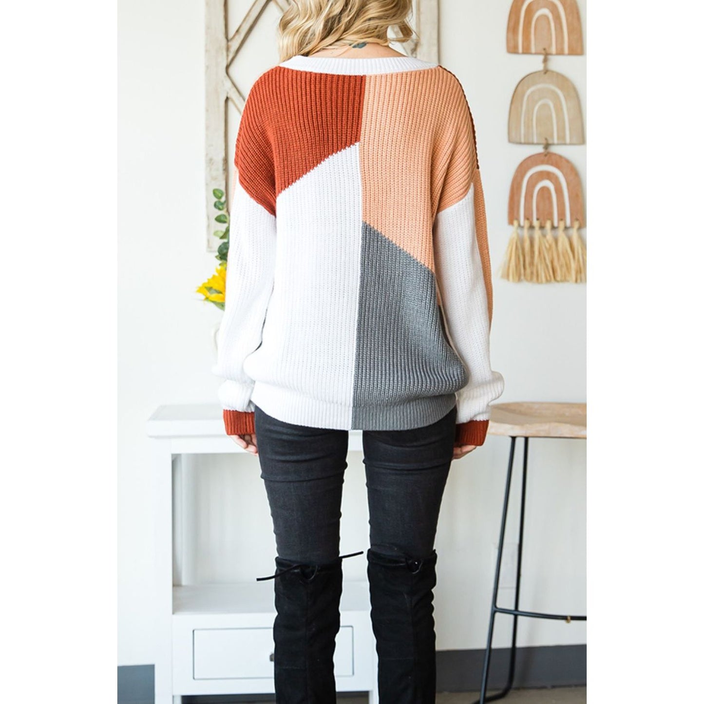 Color Block Drop Shoulder Long Sleeve Sweater