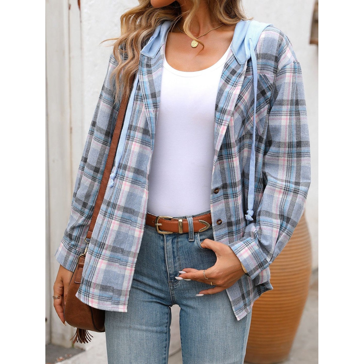 Plaid Long Sleeve Hooded Jacket