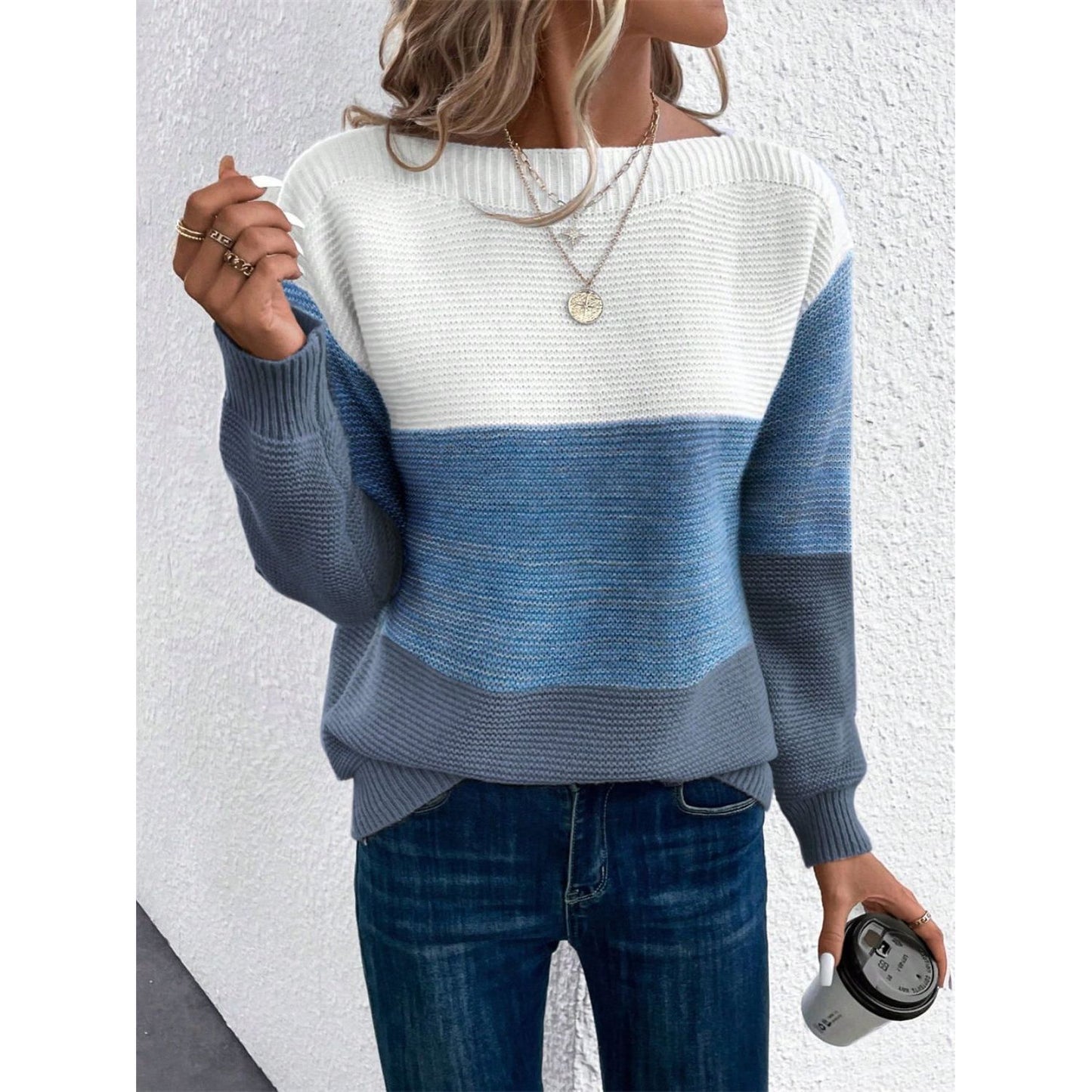 Color Block Drop Shoulder Long Sleeve Sweater