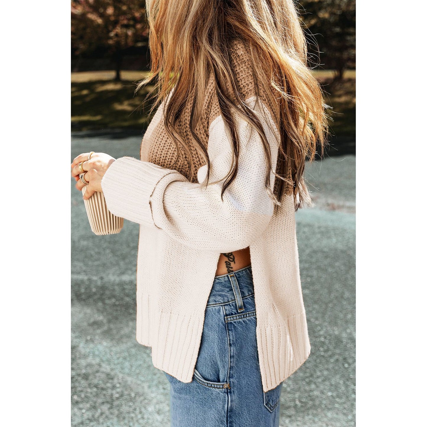 Slit Color Block Turtleneck Long Sleeve Sweater