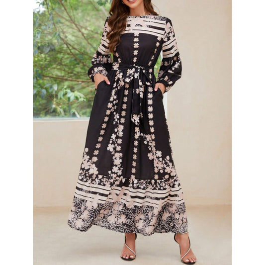Printed Round Neck Long Sleeve Maxi Dress with Pockets