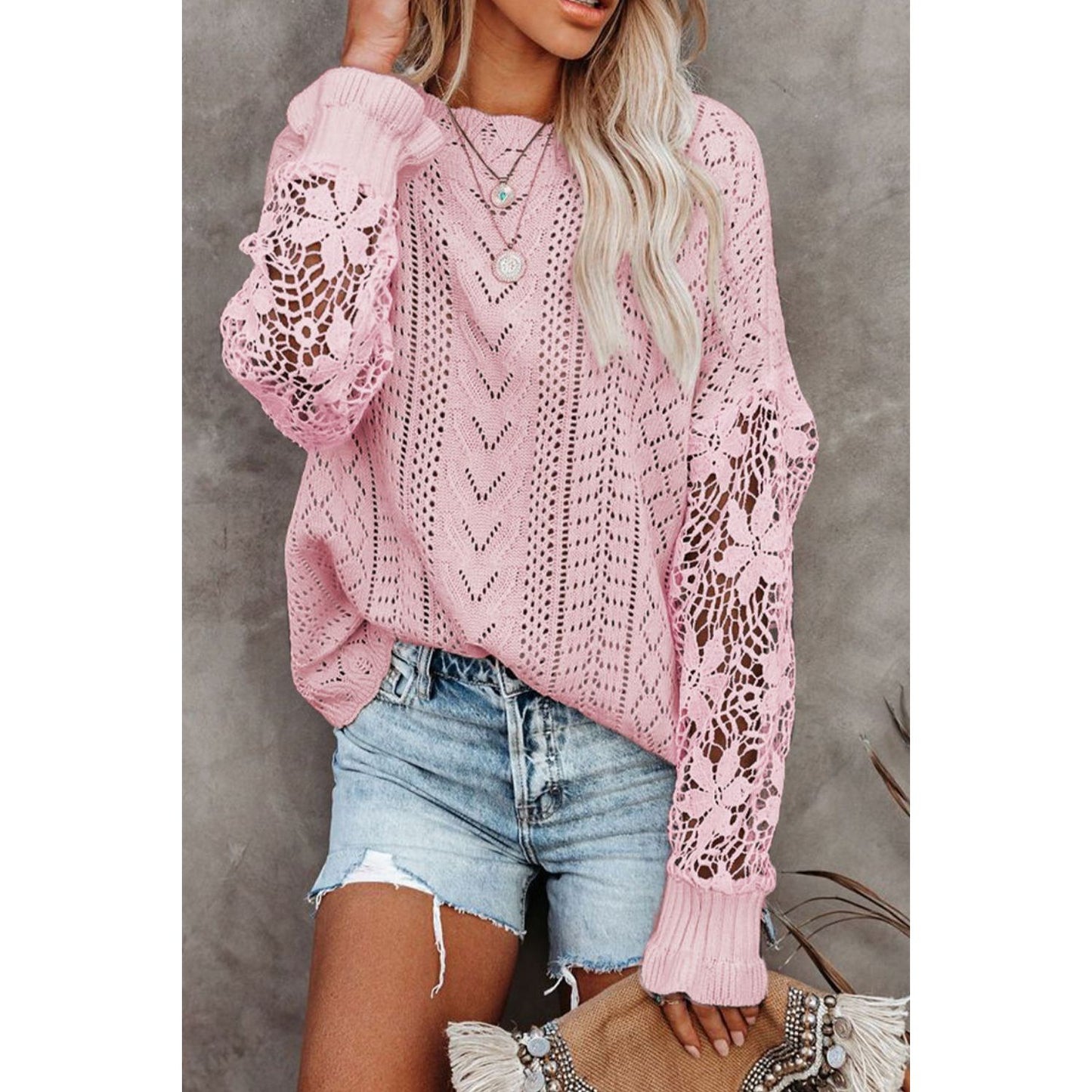 Openwork Round Neck Long Sleeve Sweater