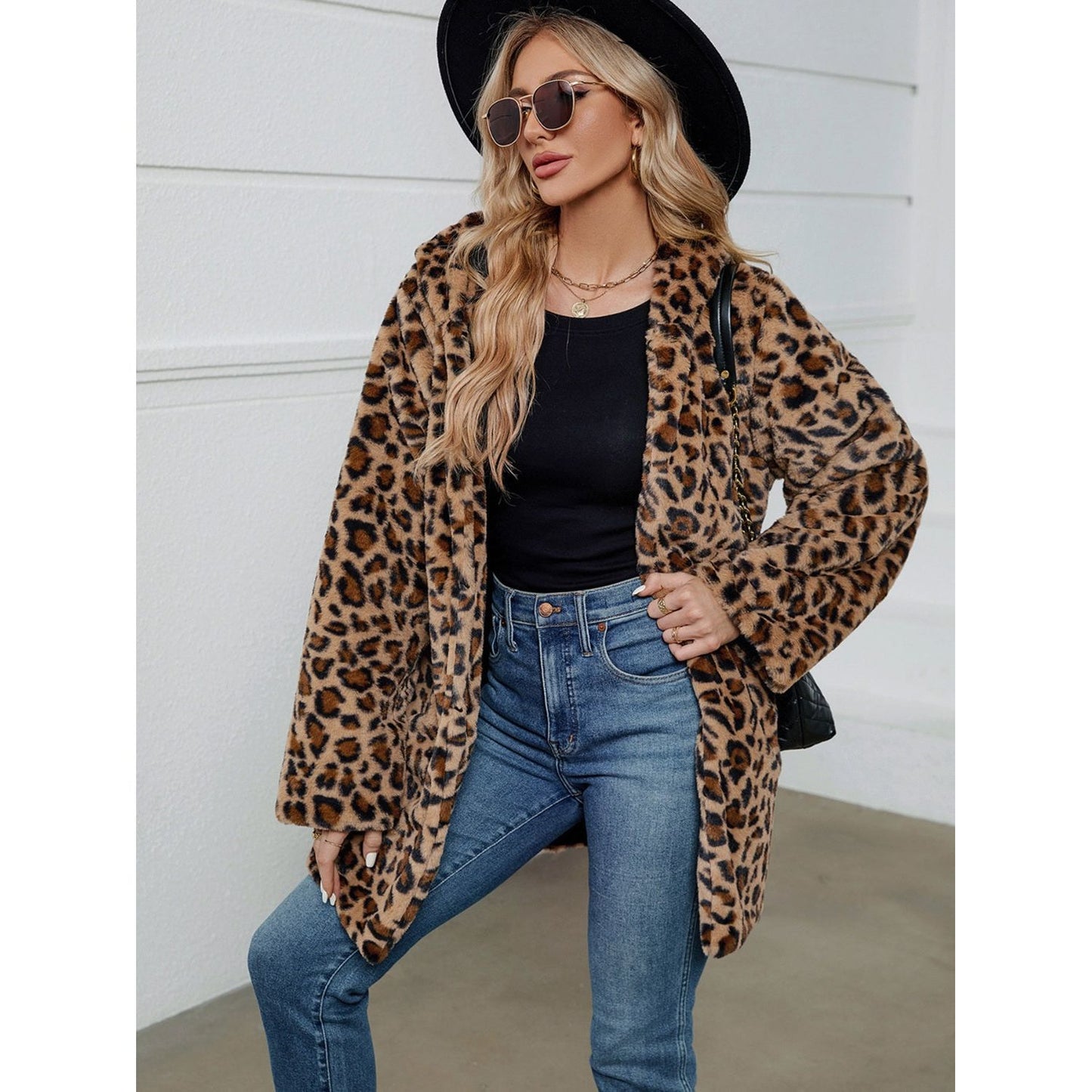 Fuzzy Leopard Hooded Long Sleeve Jacket
