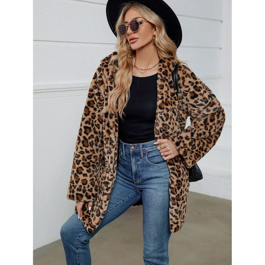 Fuzzy Leopard Hooded Long Sleeve Jacket