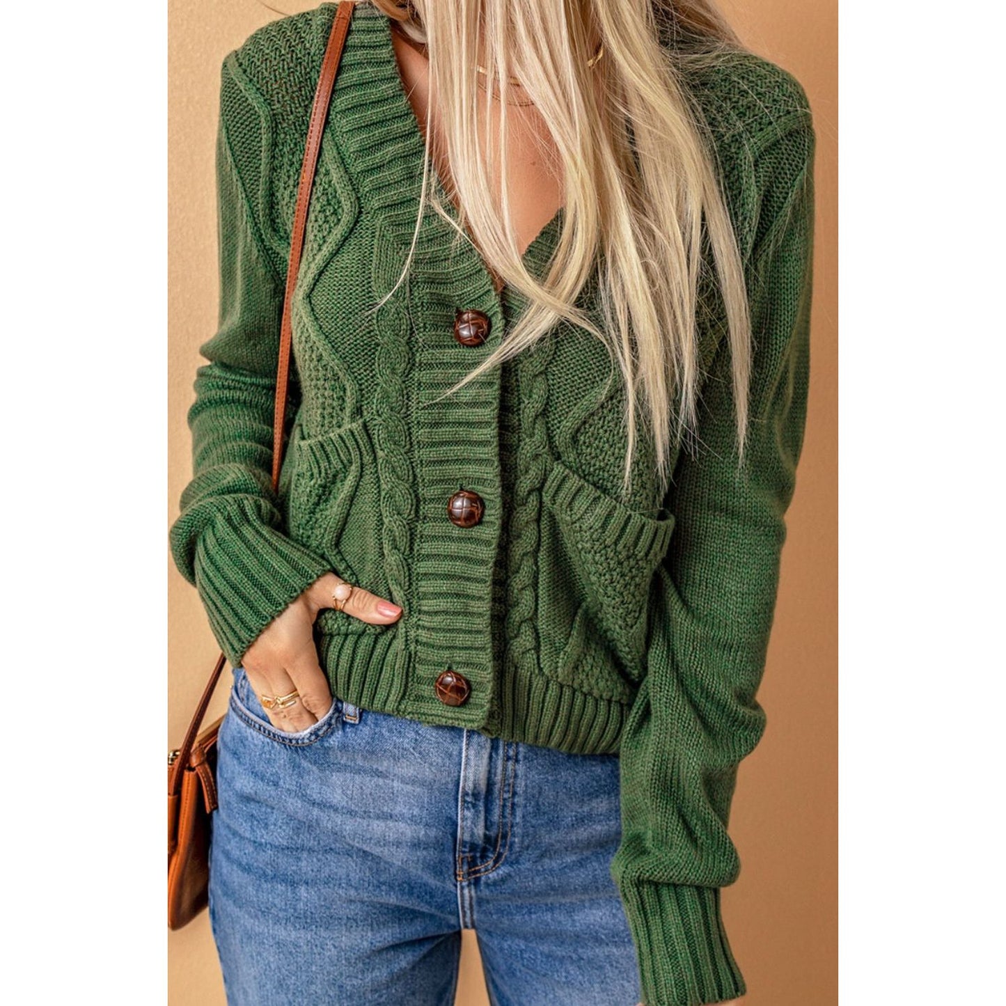Cable-Knit Button Down V-Neck Cardigan