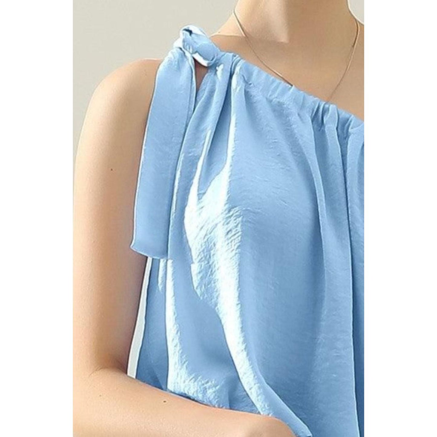 Ninexis One Shoulder Bow Tie Strap Satin Silk Top