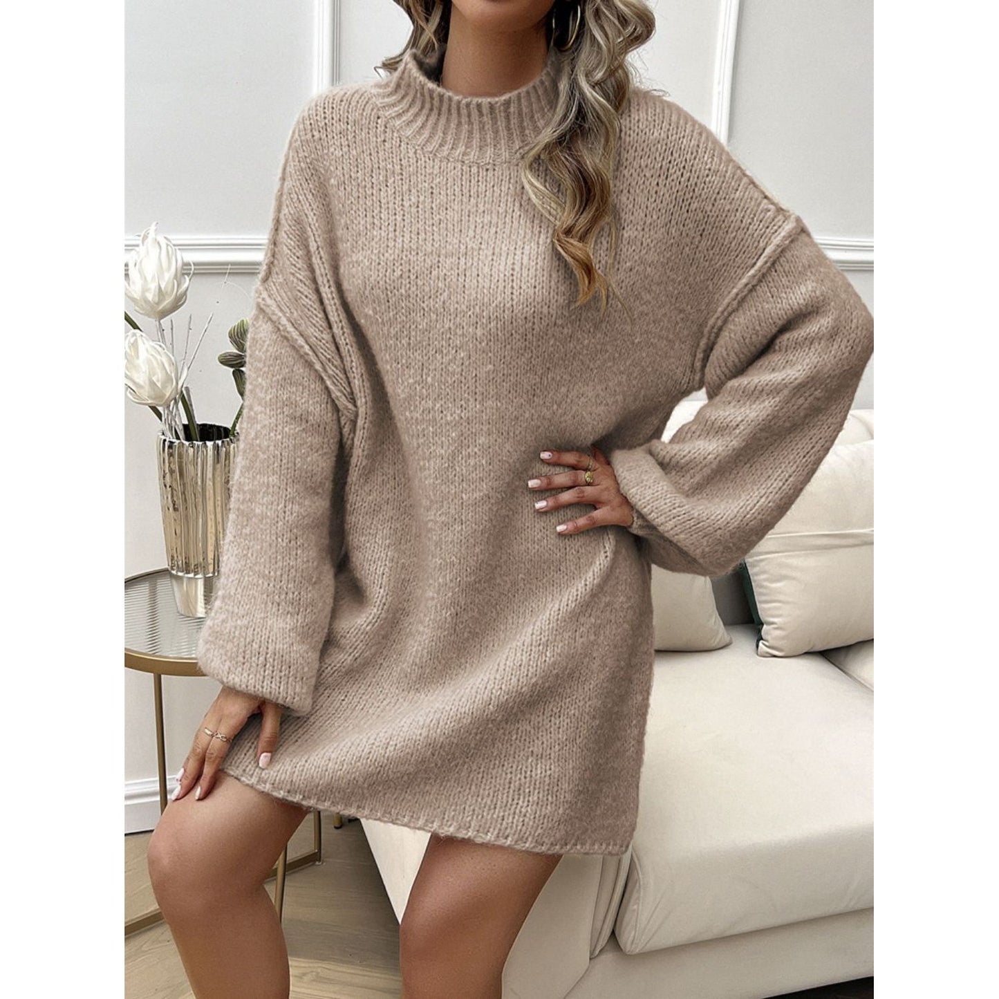 Devine Mock Neck Long Sleeve Mini Sweater Dress