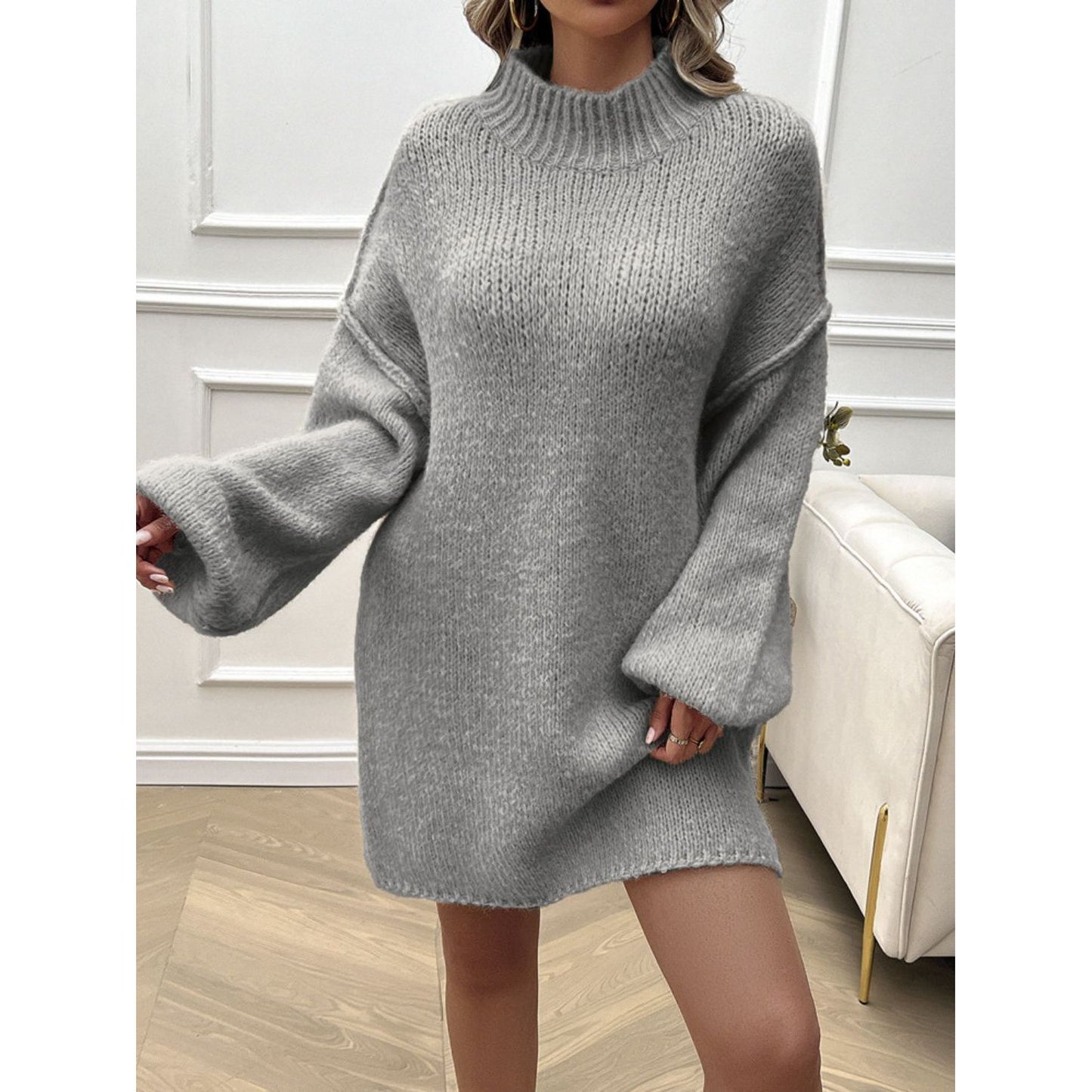 Devine Mock Neck Long Sleeve Mini Sweater Dress