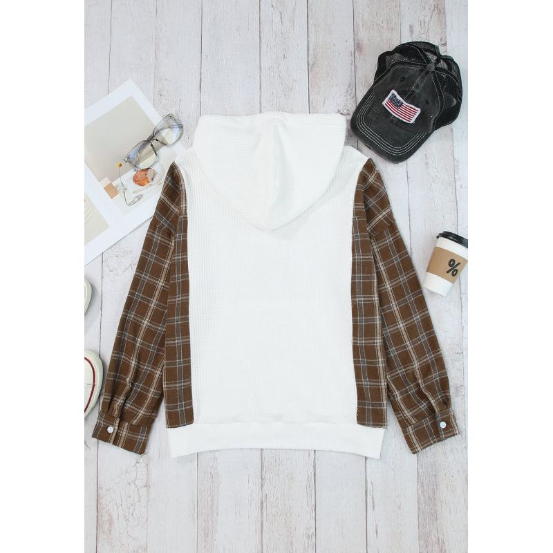 Waffle Knit Plaid Long Sleeve Kangaroo Pocket Hoodie