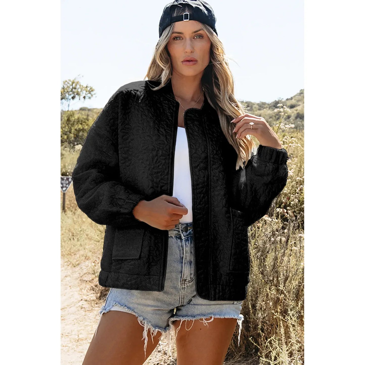 Baseball Collar Floral Quilted Jacket