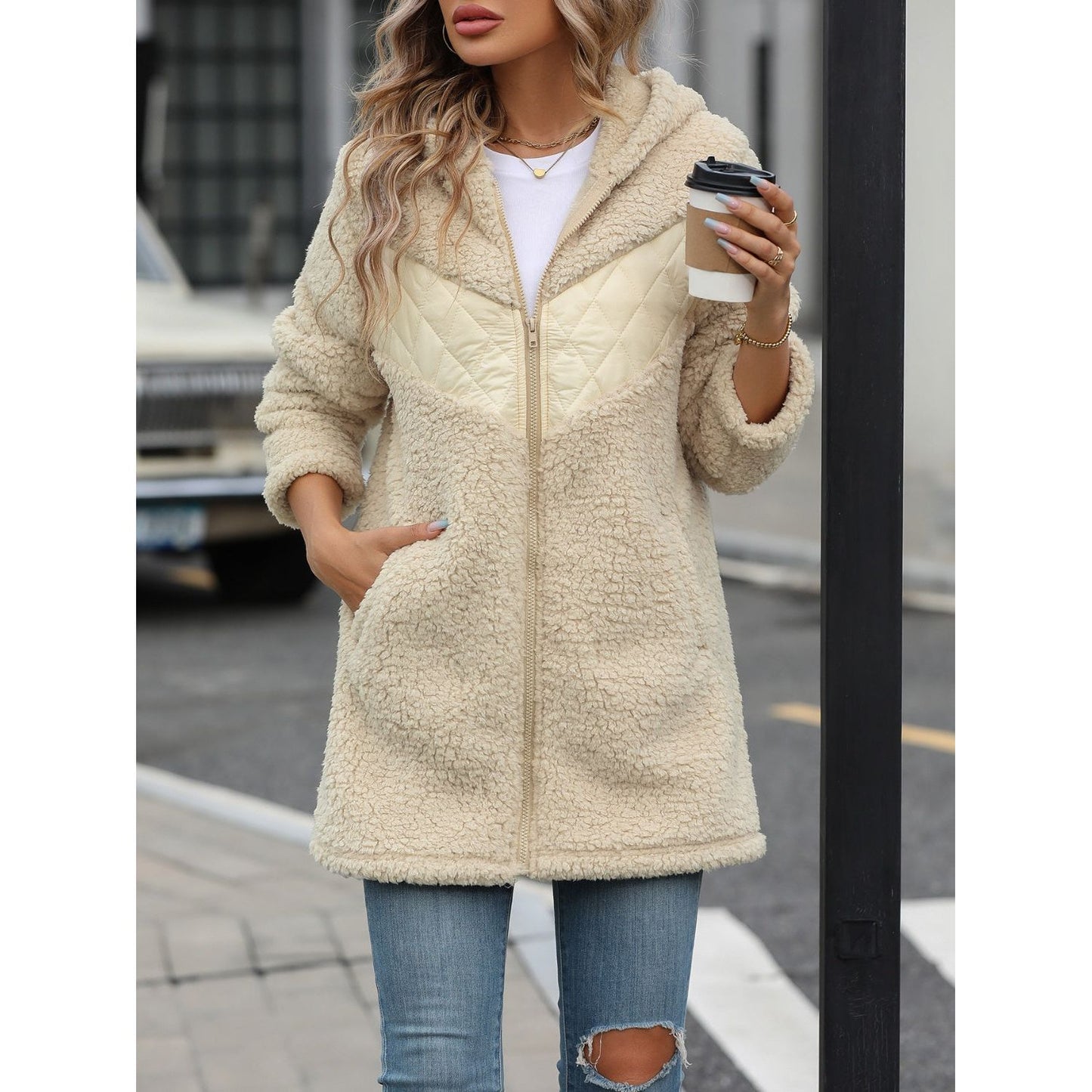 Fuzzy Zip Up Long Sleeve Hooded Jacket