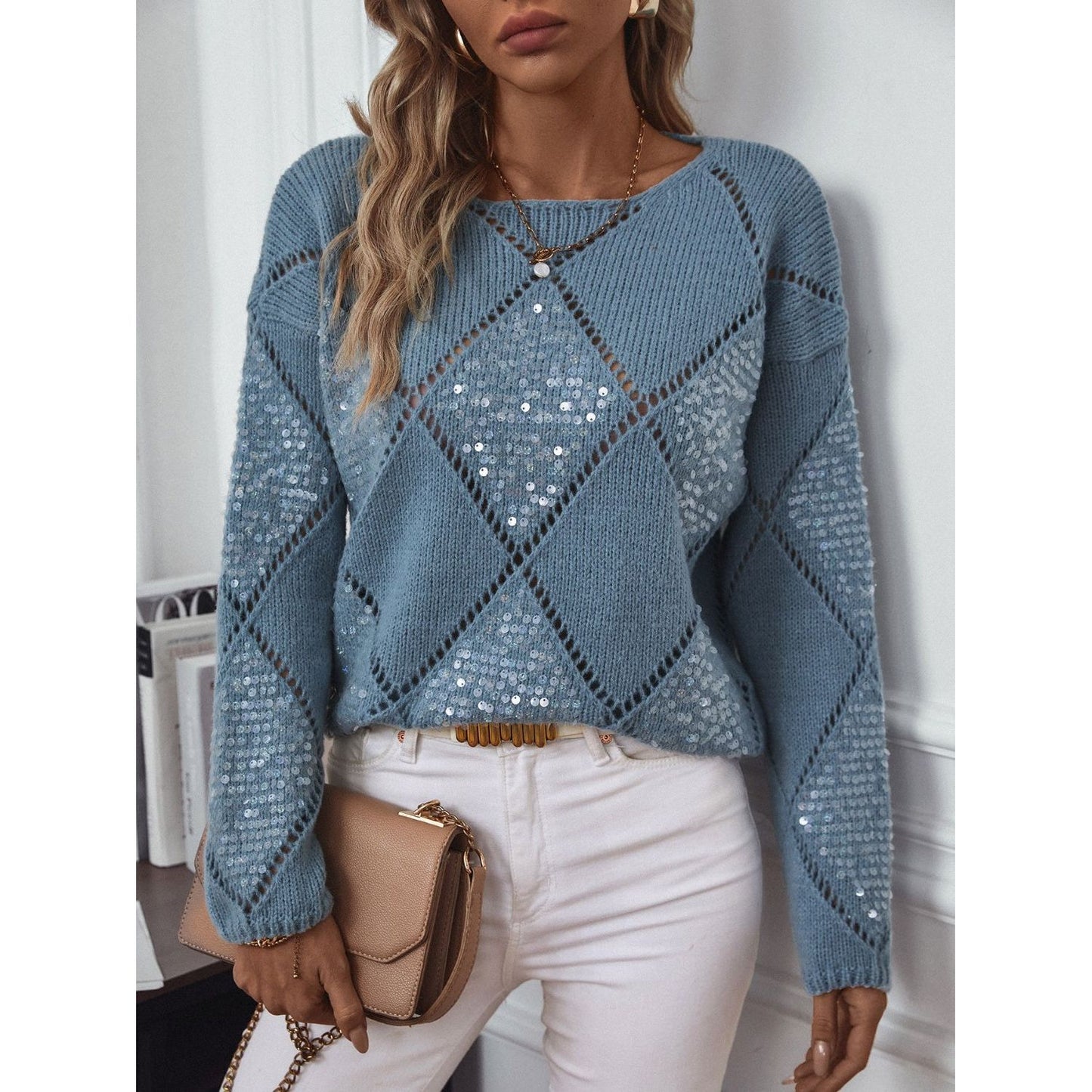 Openwork Round Neck Long Sleeve Knit Top