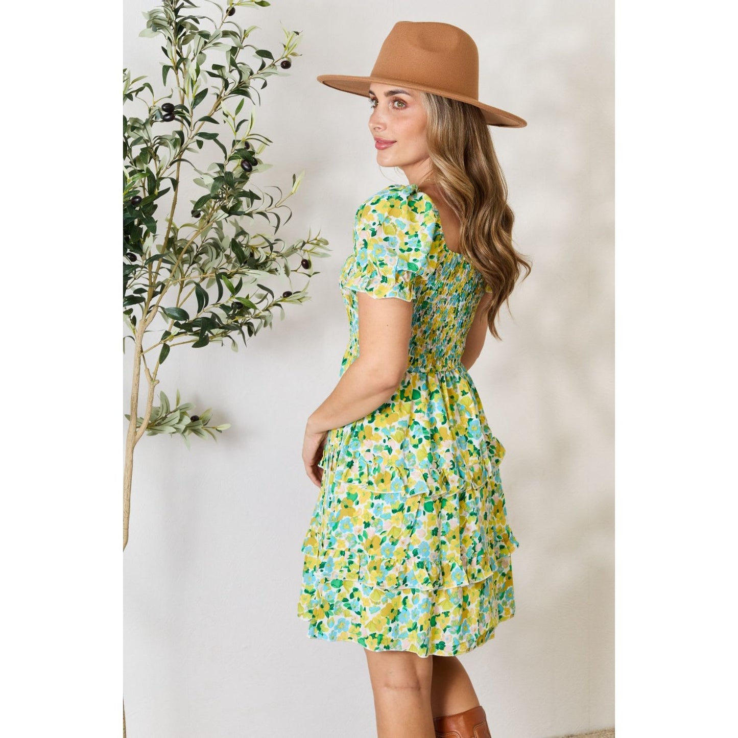 Smocked Scoop Neck Flounce Sleeve Mini Dress
